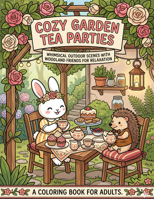 Cover of 'Cozy Garden Tea Parties: A Charming Bunny's Tea Time Coloring Book' — free printable digital PDF by CMH Publishing