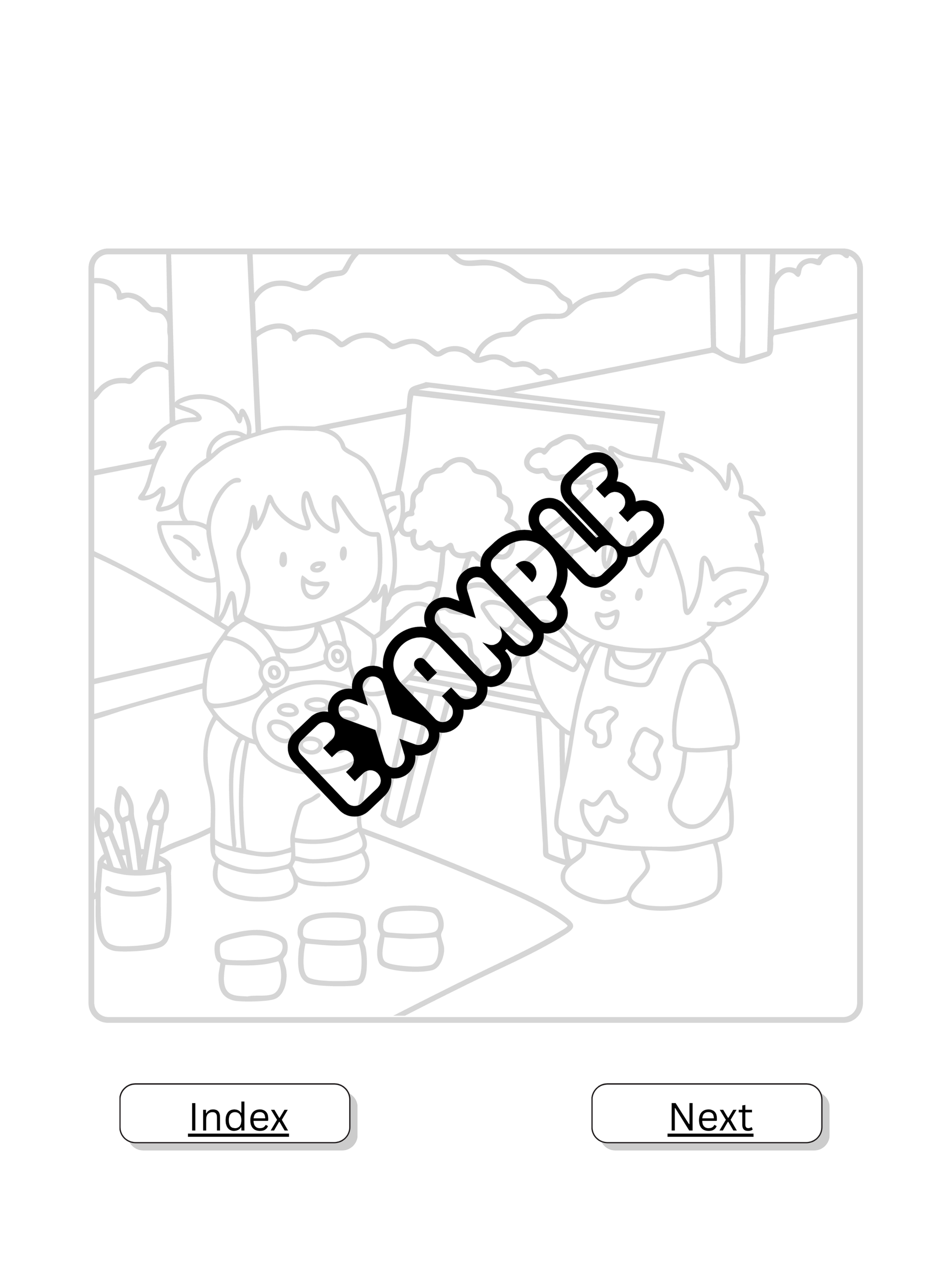 Black and white illustration of two characters with 'EXAMPLE' text overlay, surrounded by geometric shapes.