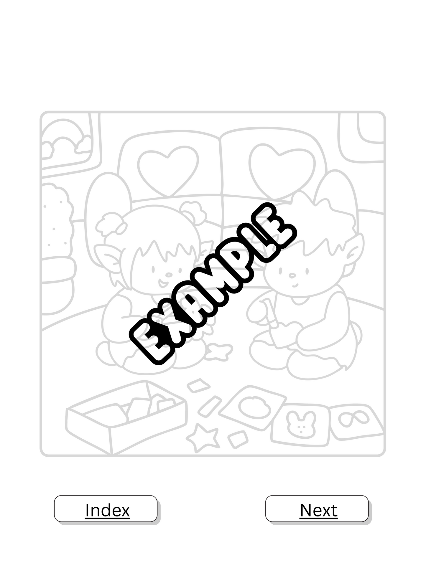 Black and white illustration with 'EXAMPLE' text, 'Index' and 'Next' buttons at the bottom.