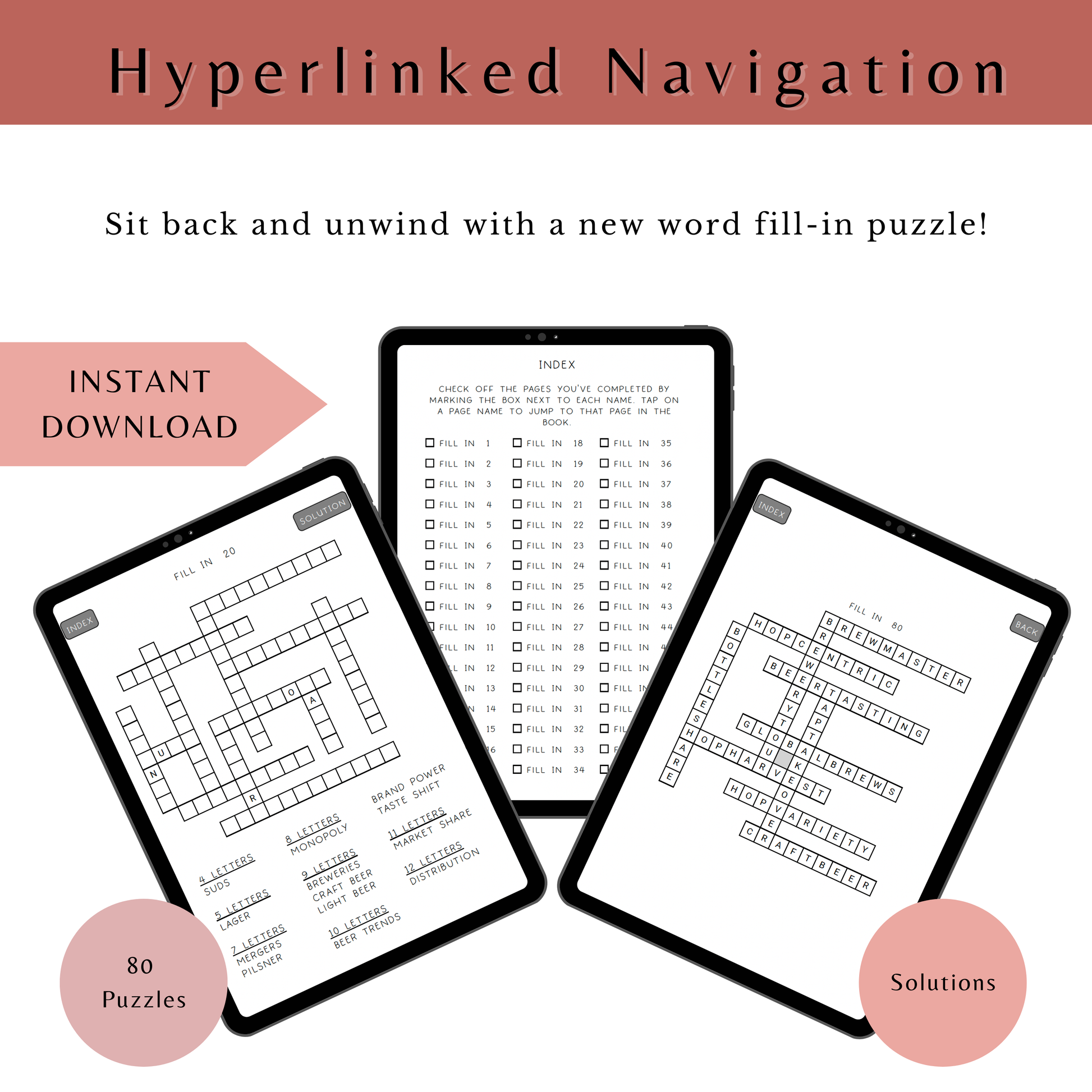 Promotional graphic for word fill-in puzzles with instant download, 80 puzzles, and solutions.