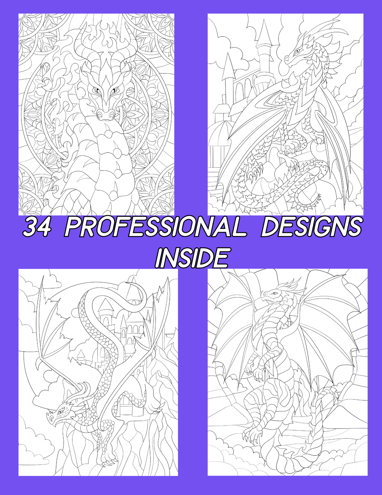 Mystical Dragons Coloring Book for Boys | 34 Beautiful Fantasy Pages of Medieval Scenes and Dragons | Instant PDF Download