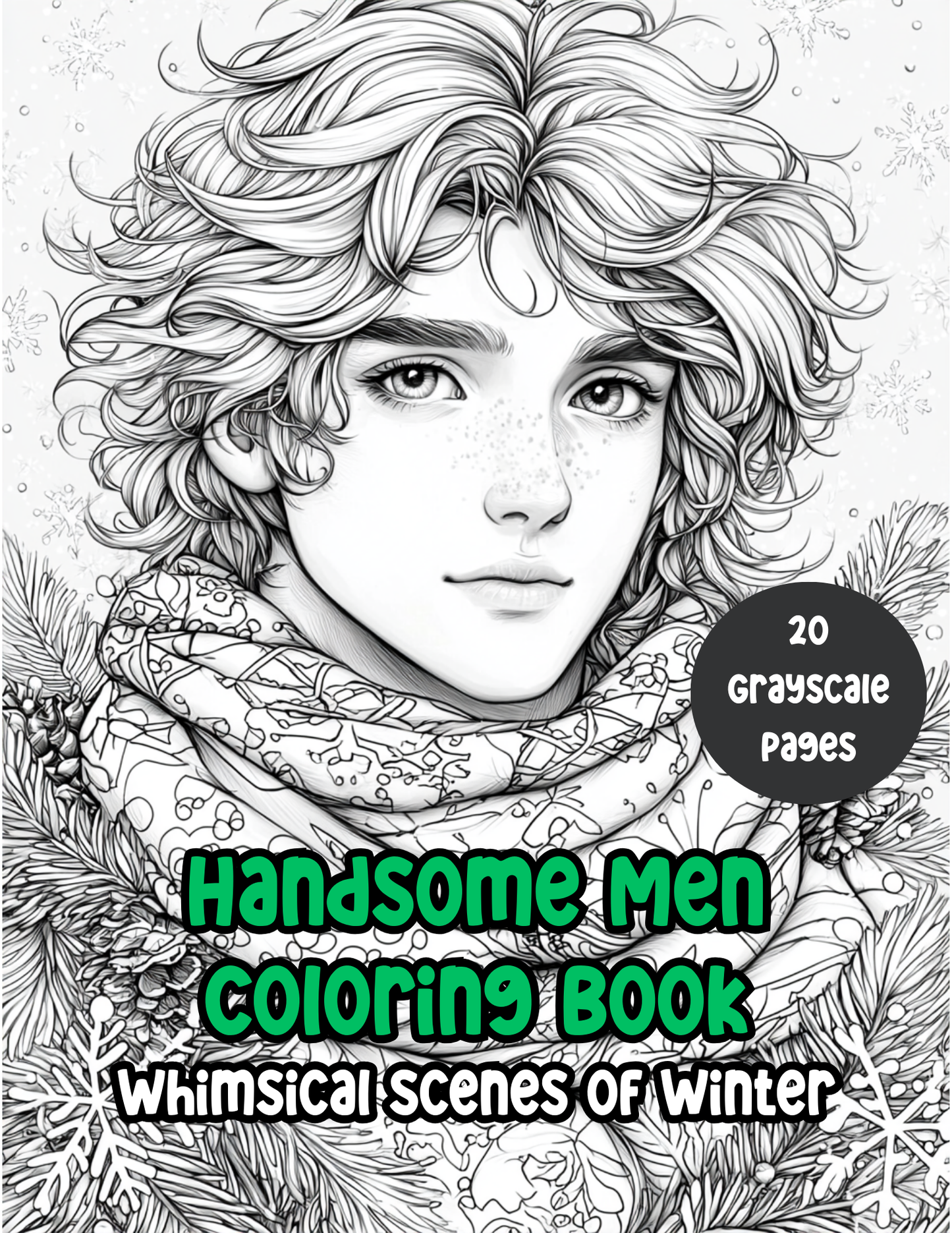 Handsome Men Adult Coloring Book | 20 Coloring Pages | Grayscale Fantasy Coloring Pages Winter Portraits | Instant Download Printable PDF