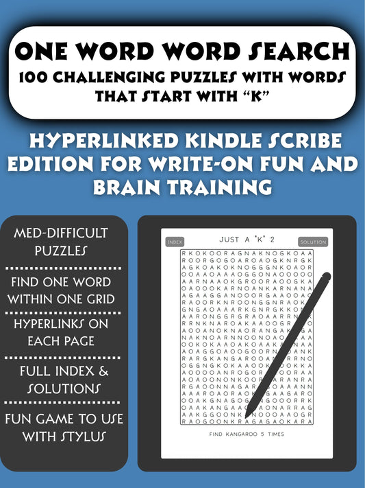Cover of 'One Word Word Search Kindle Scribe: 100 Puzzles with Words That Start with K' — by Lillian Jacobs