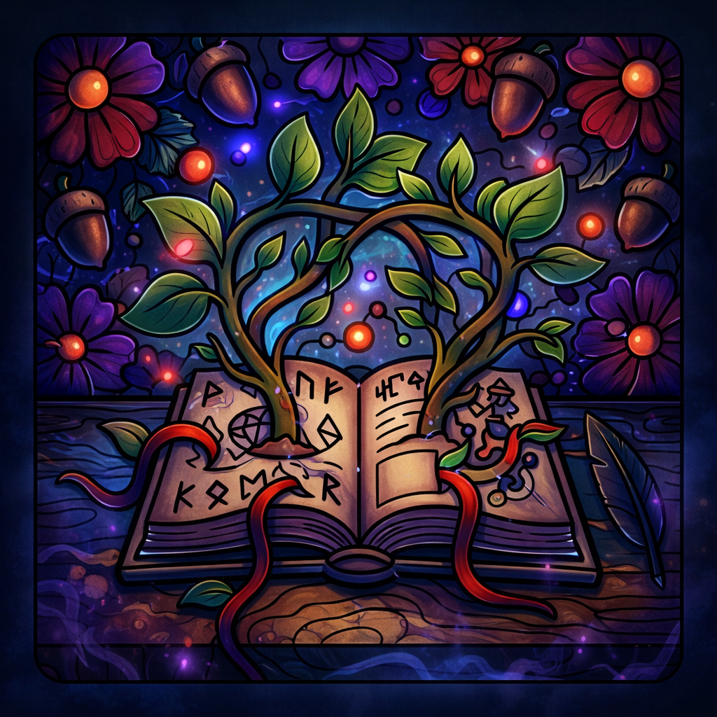 Colorful illustration of an open book with magical symbols, surrounded by flowers and leaves on a dark background.