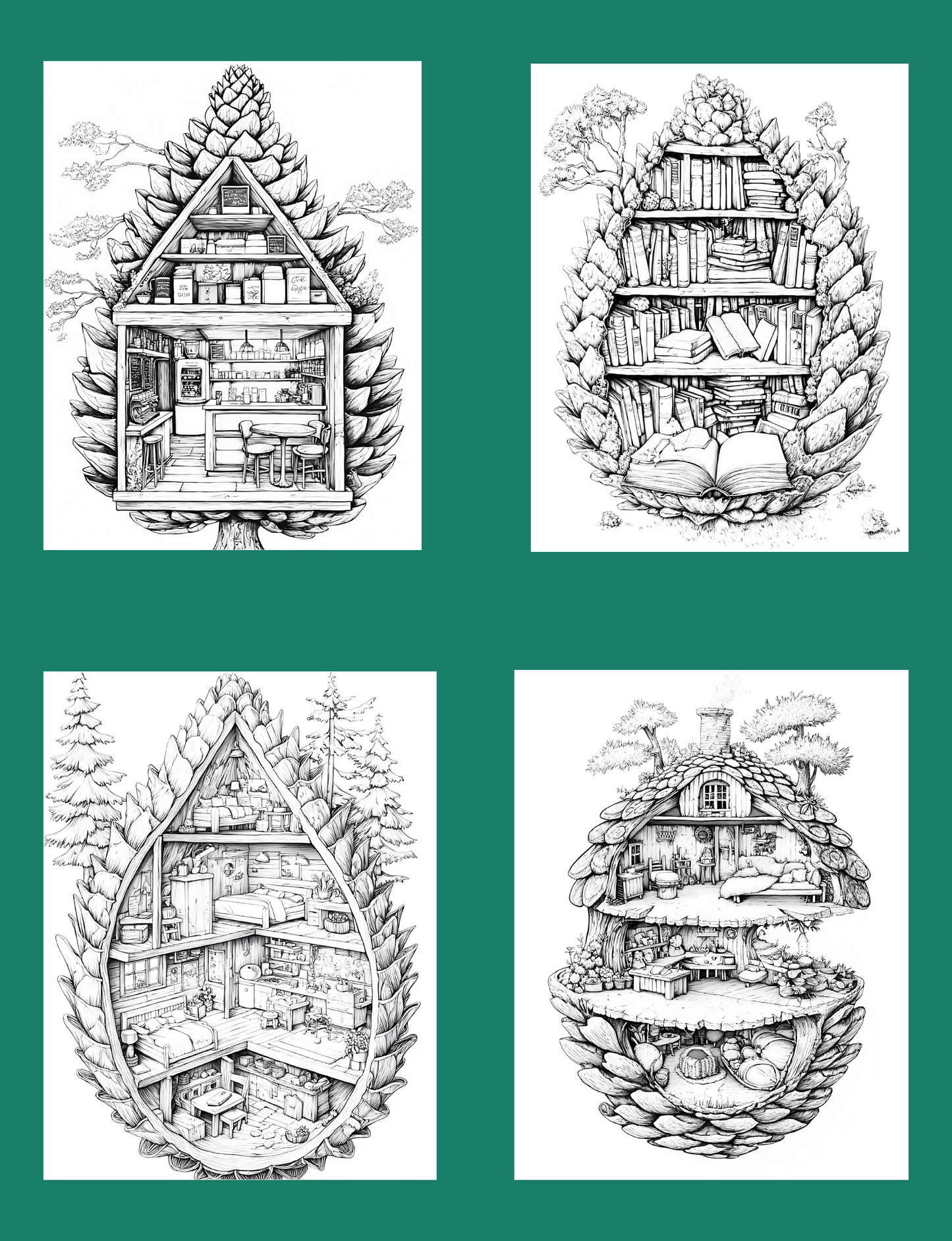 25 Pinecone Nooks and Rooms Magical Coloring Book, Fantasy Grayscale Coloring, PDF Download, Printable Coloring Sheets for Teens Adults