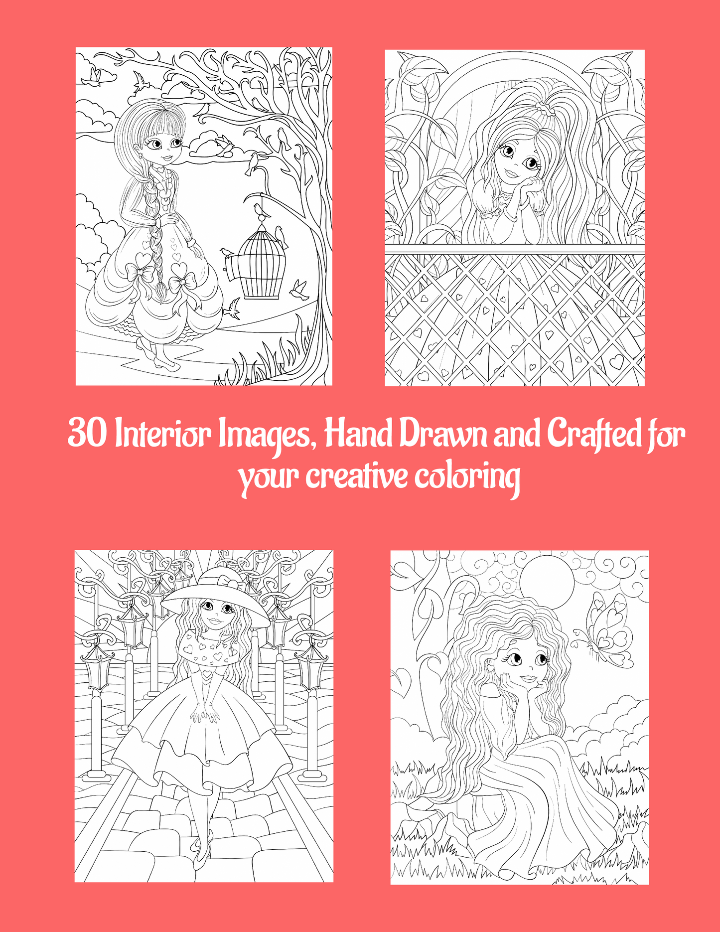 Princesses In Love Coloring Book | Set of 30 Simple Line Art Coloring | Valentines Coloring Pages for Kids and Teens | Instant Download PDF