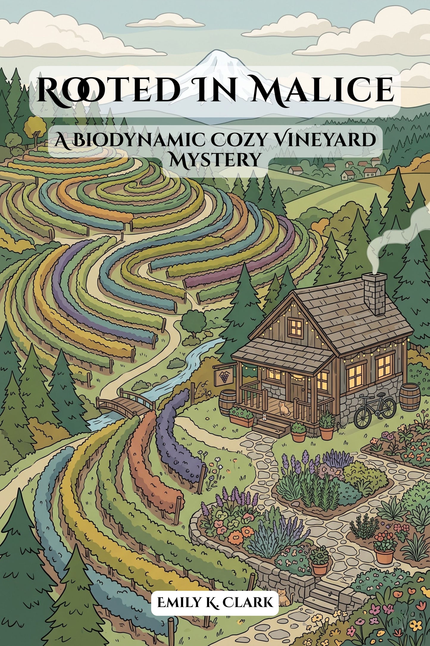 Rooted in Malice book cover, cozy mystery at a vineyard by Emily K. Clark.
