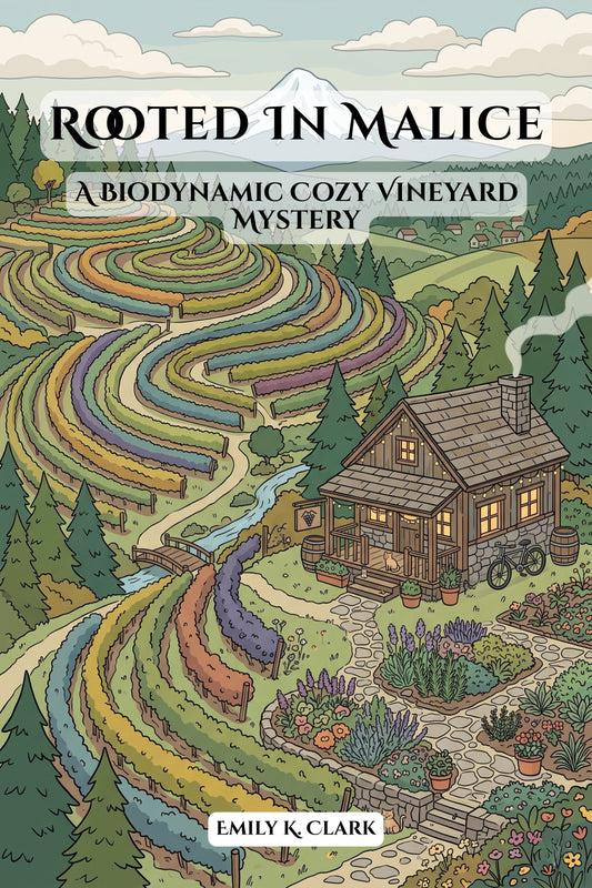 Rooted in Malice book cover, cozy mystery at a vineyard by Emily K. Clark.