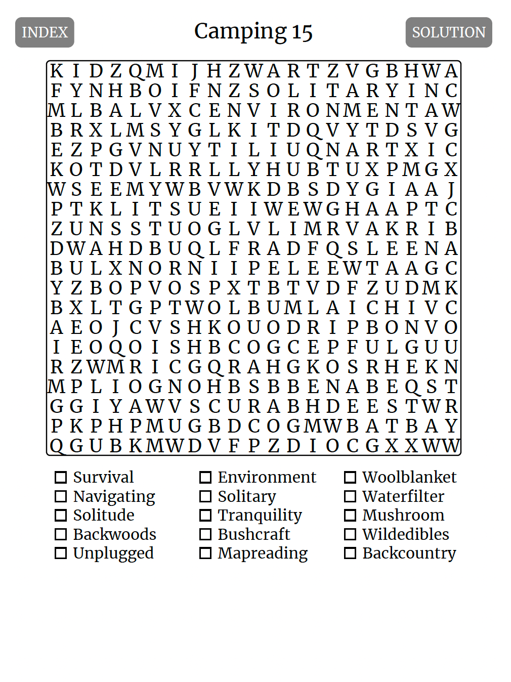 Camping-themed word search puzzle with checkboxes and related words listed below.