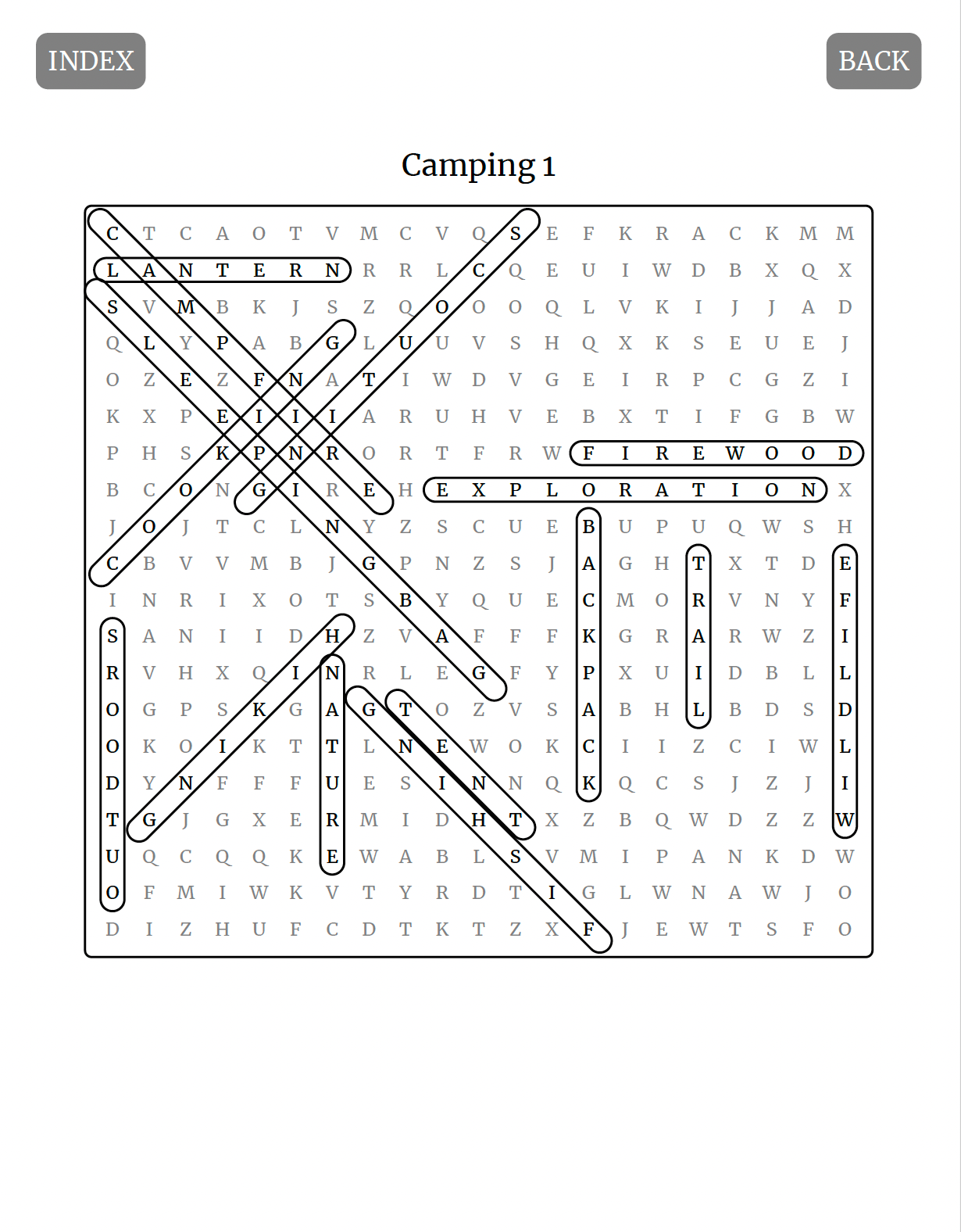 Camping-themed crossword puzzle with clues on a white background