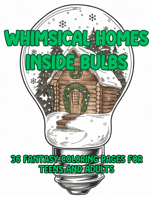 Whimsical Winter Homes In Bulbs Coloring Book | 36 Printable Fantasy World Coloring Pages | Grayscale Teens Adults | Instant PDF Download