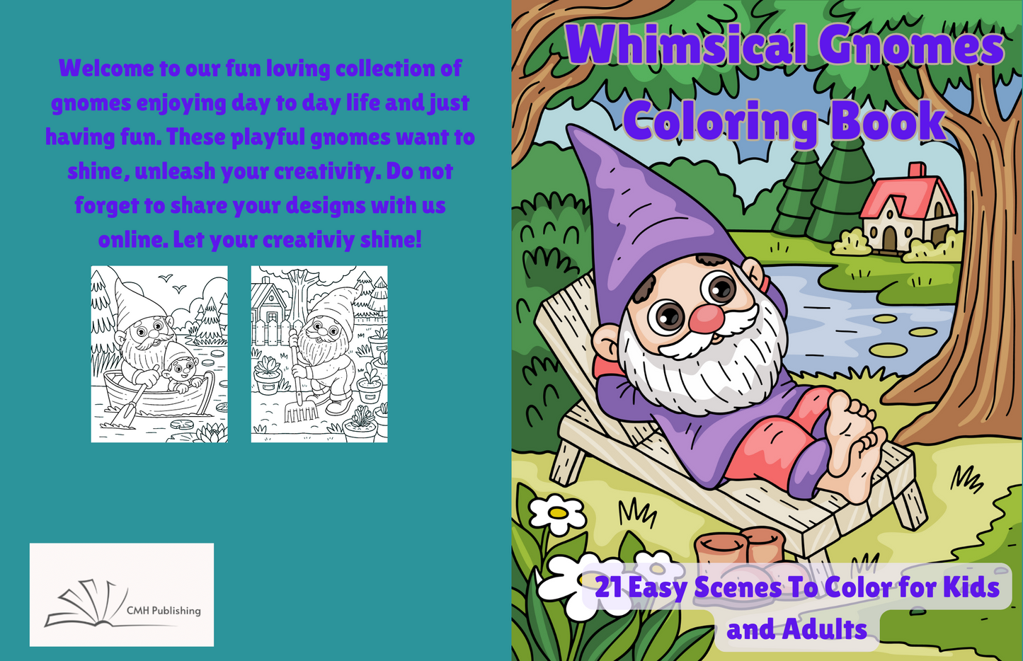 Whimsical Gnomes Coloring Book: 21 Easy Scenes To Color For Kids and Adults