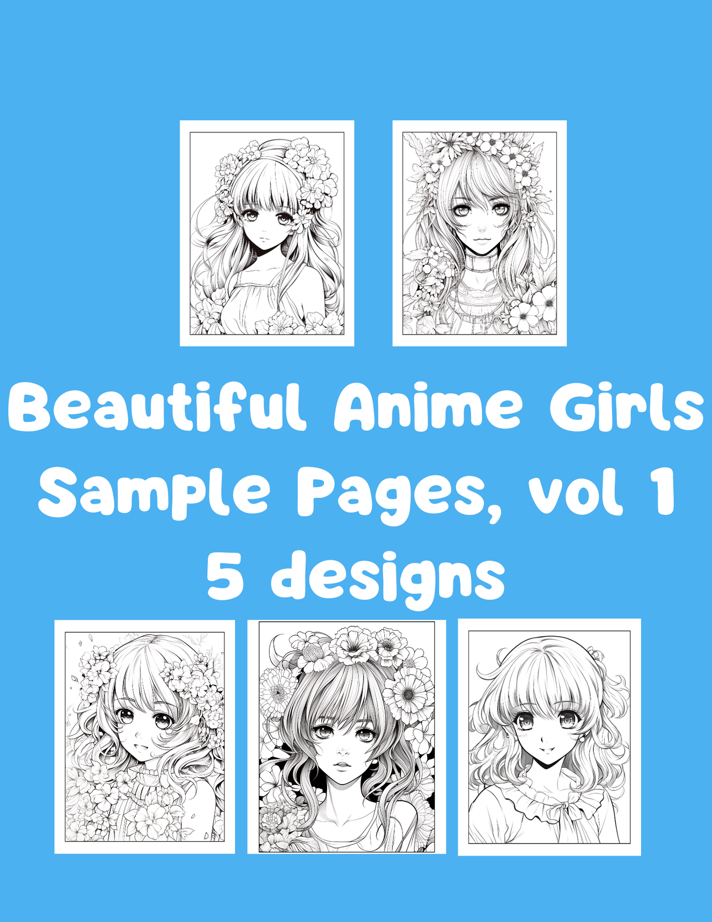 Beautiful Anime Girls, 5 Coloring Pages | PDF Digital Download