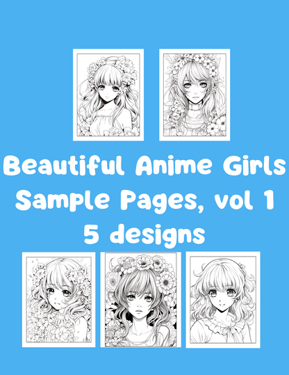 Beautiful Anime Girls, 5 Coloring Pages | PDF Digital Download