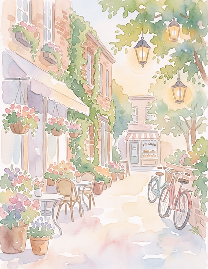 Illustration of a quaint street scene with a cafe, bicycles, and flowers.