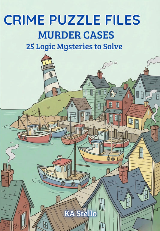 Book cover for 'Crime Puzzle Files: Murder Cases: 25 Logic Mysteries to Solve' by KA Stello, featuring a colorful illustration of a coastal harbor with houses, boats, and a lighthouse.