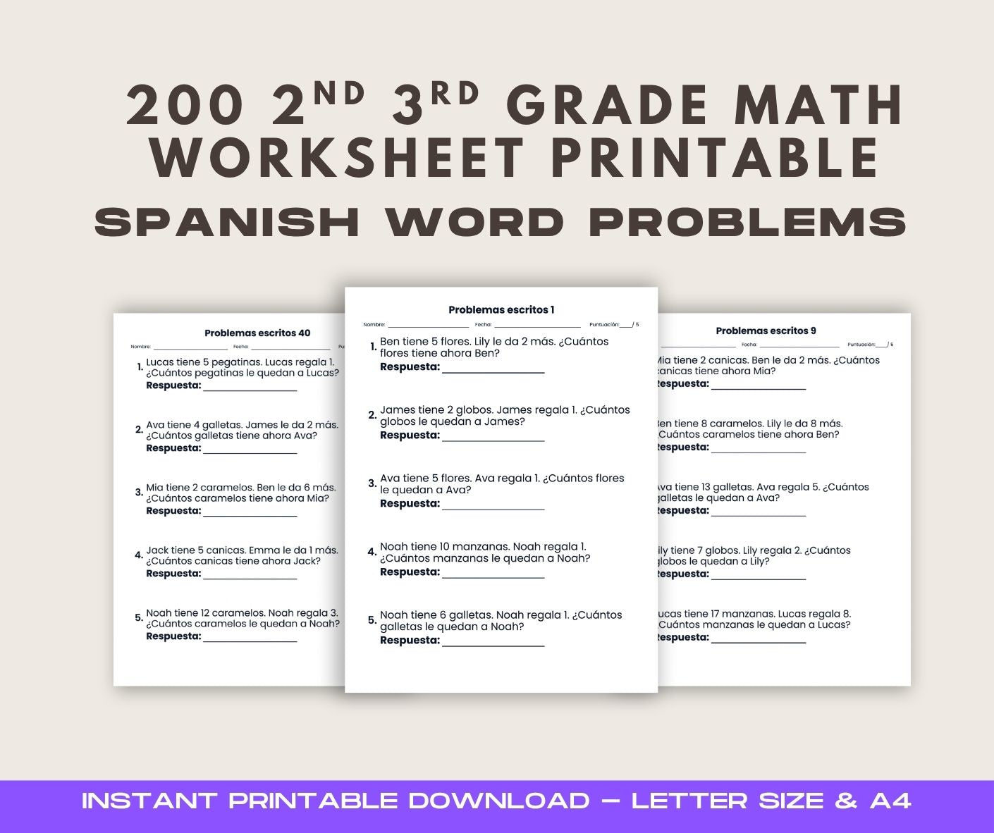 Cover of '2nd 3rd Grade Spanish Math Word Problems Workbook: 200 Addition Subtraction' — by Lillian Jacobs