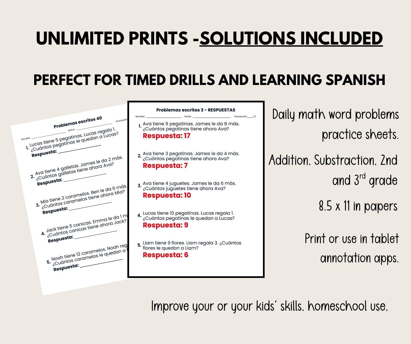 Interior preview pages from '2nd 3rd Grade Spanish Math Word Problems Workbook' — educational PDF by Lillian Jacobs