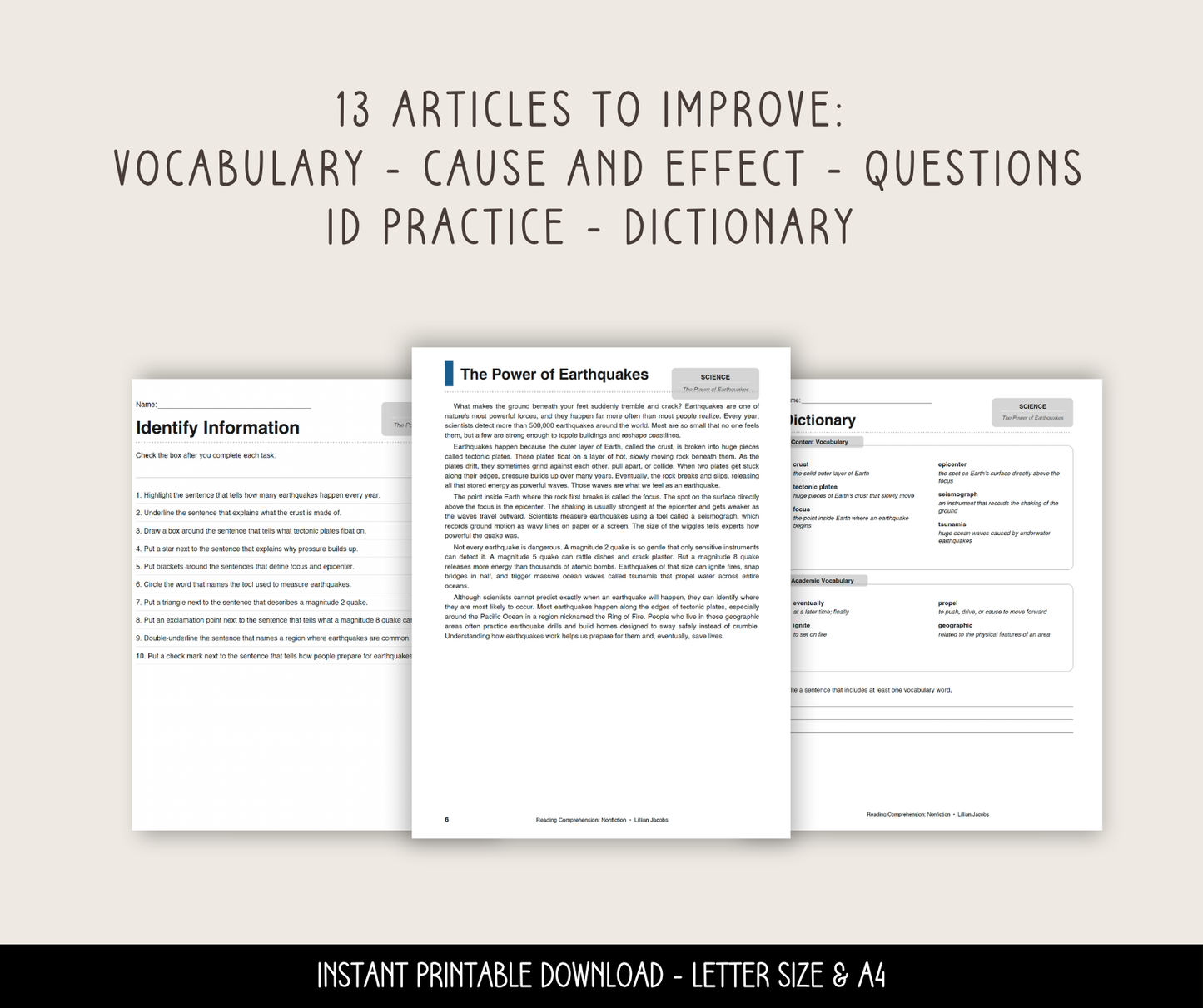 Reading Comprehension Worksheets, Nonfiction  6th Grade ELA Passages
