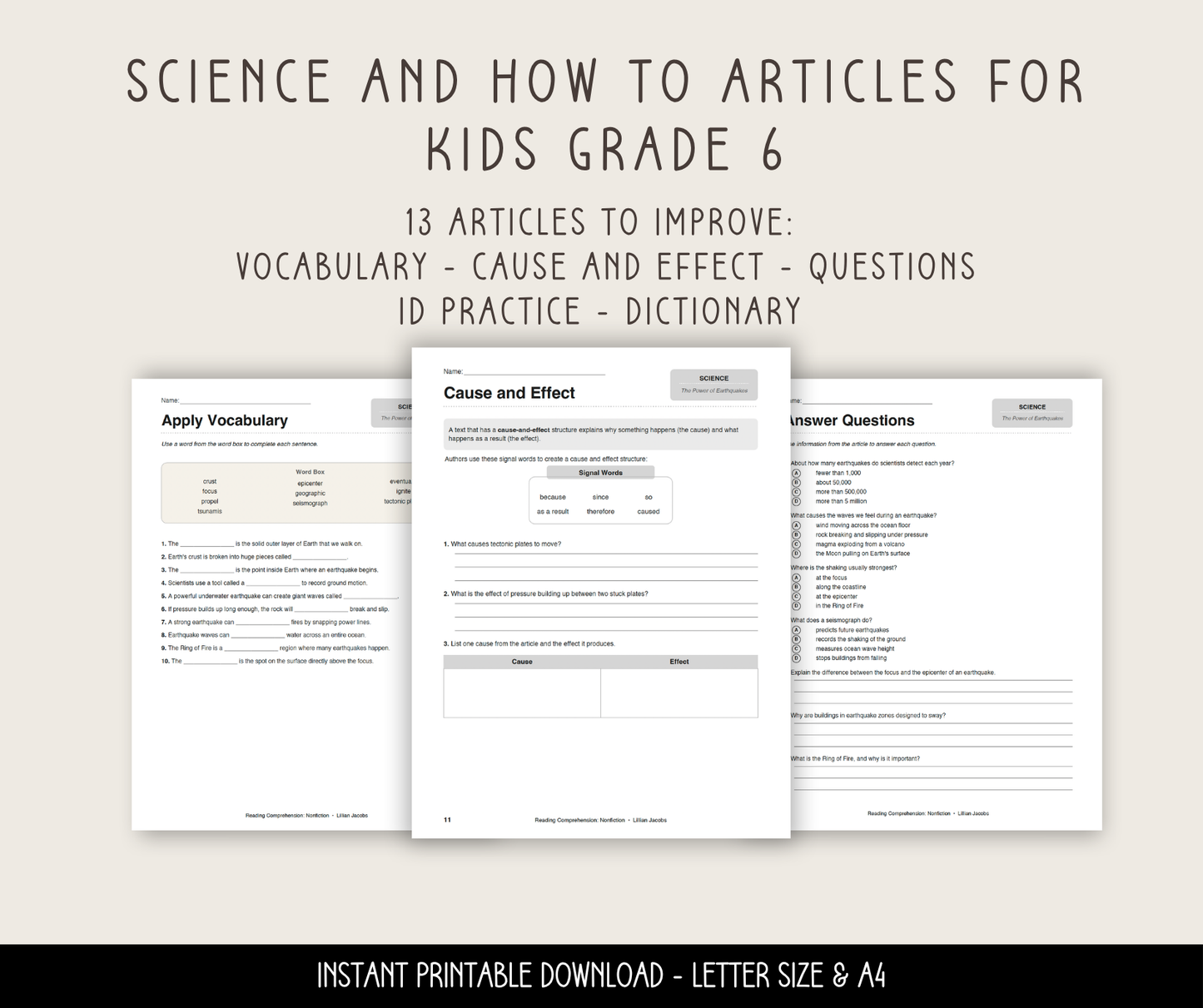 Reading Comprehension Worksheets, Nonfiction  6th Grade ELA Passages