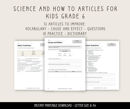 Reading Comprehension Worksheets, Nonfiction  6th Grade ELA Passages