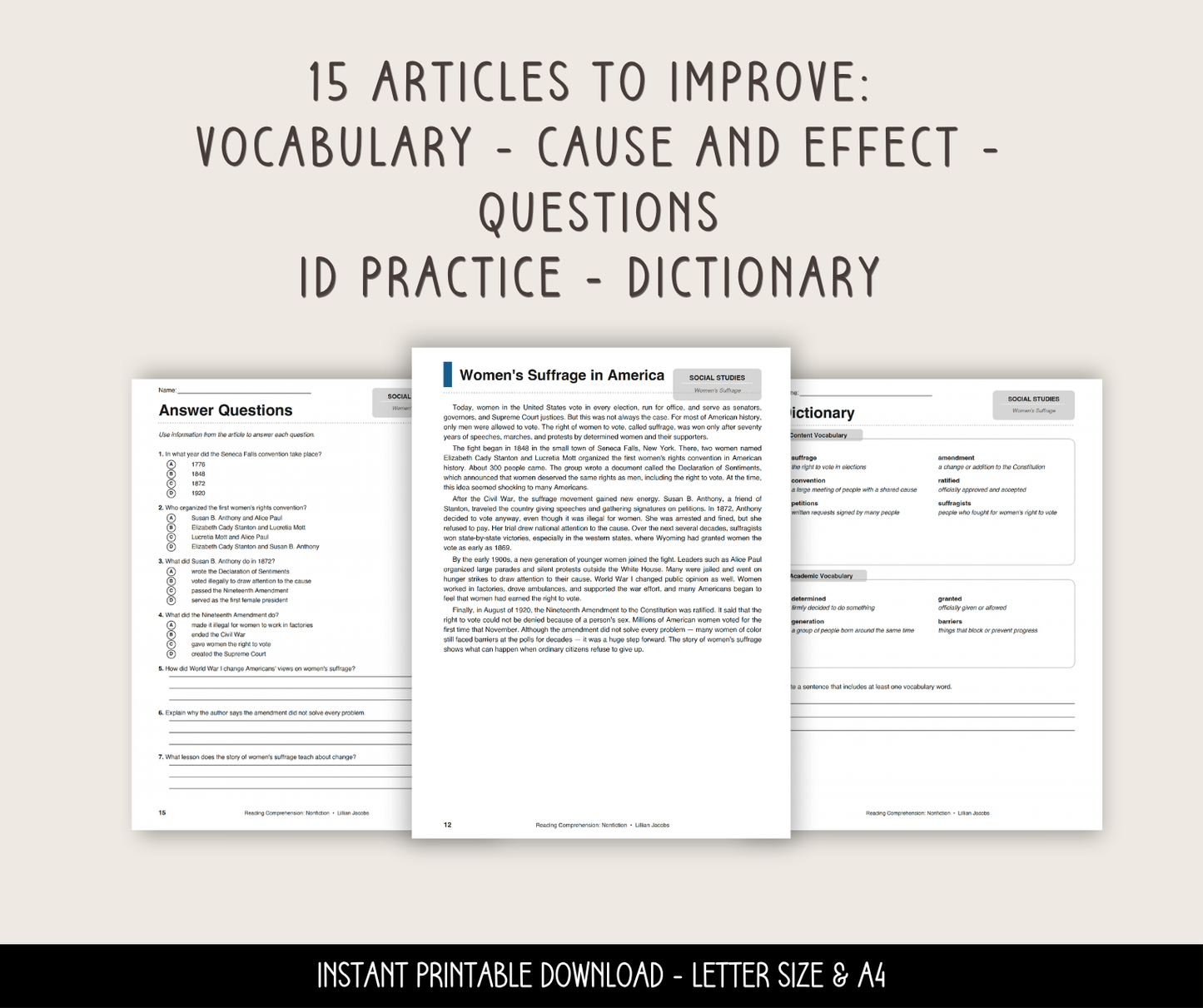 Reading Comprehension Worksheets PDF Printable Vol 2, 6th Grade ELA Passages