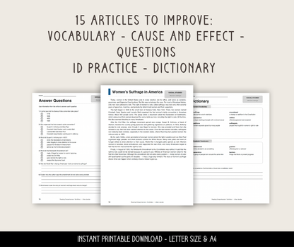 Reading Comprehension Worksheets Vol 2, 6th Grade ELA Passages