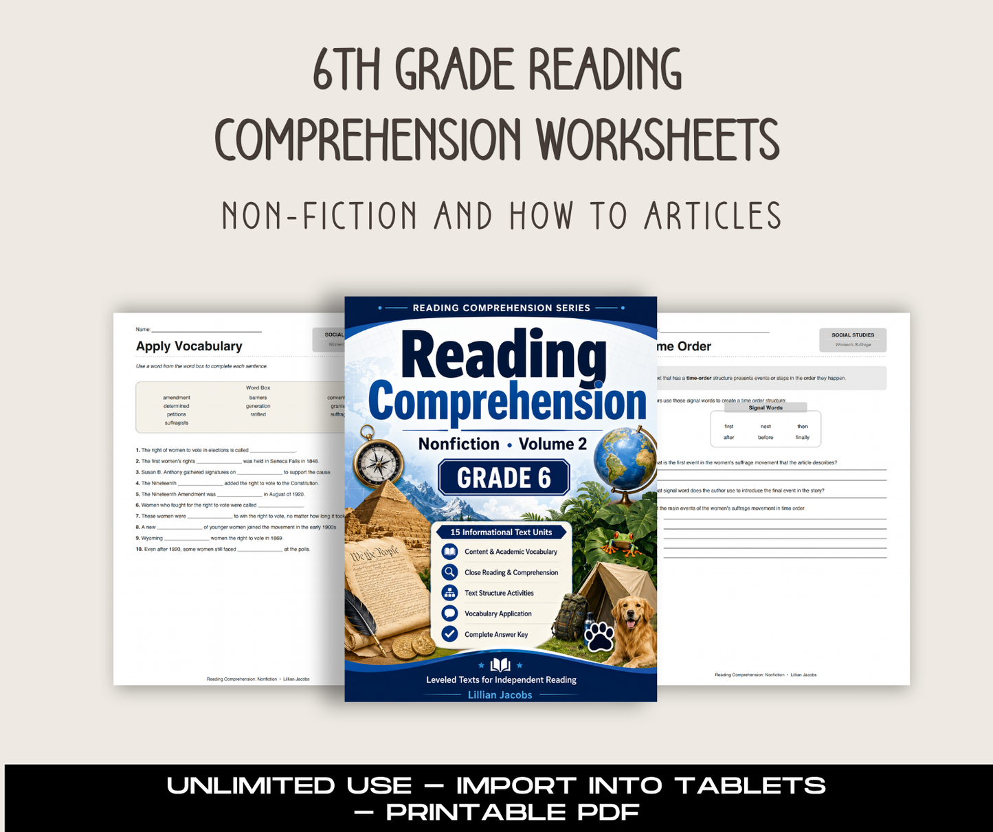 Reading Comprehension Worksheets PDF Printable Vol 2, 6th Grade ELA Passages