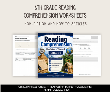 Reading Comprehension Worksheets Vol 2, 6th Grade ELA Passages