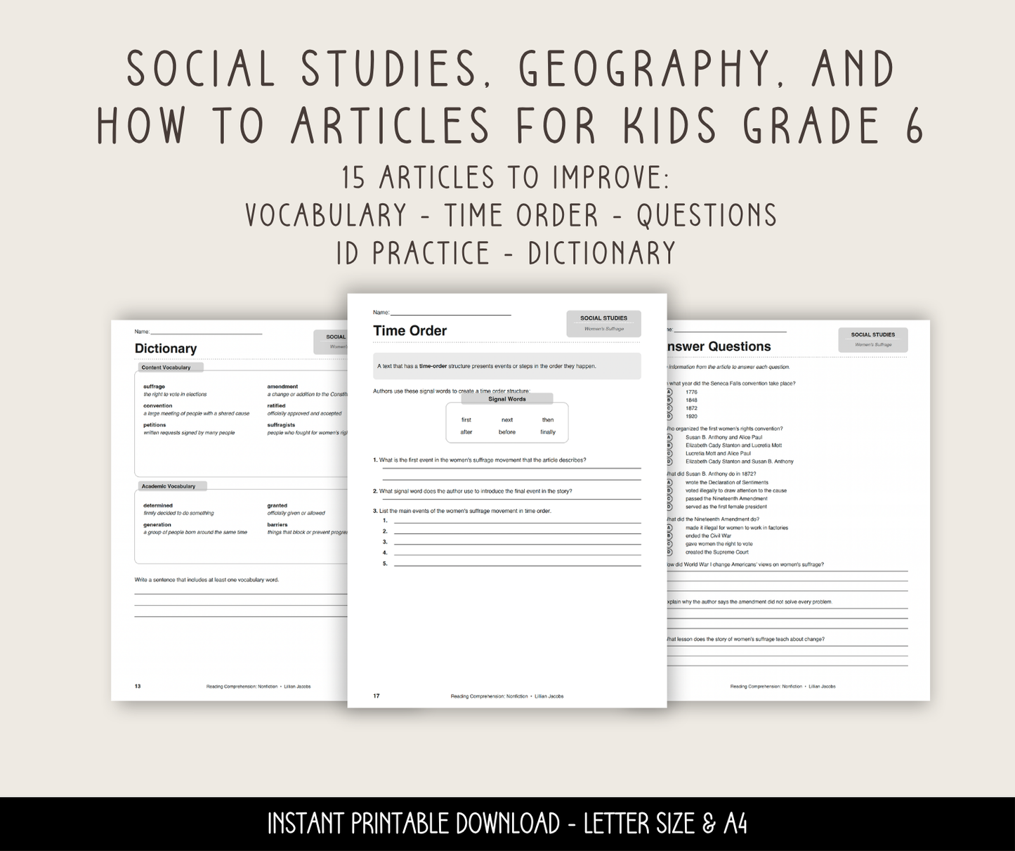 Reading Comprehension Worksheets PDF Printable Vol 2, 6th Grade ELA Passages