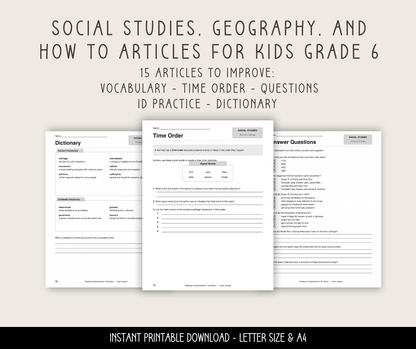 Reading Comprehension Worksheets Vol 2, 6th Grade ELA Passages