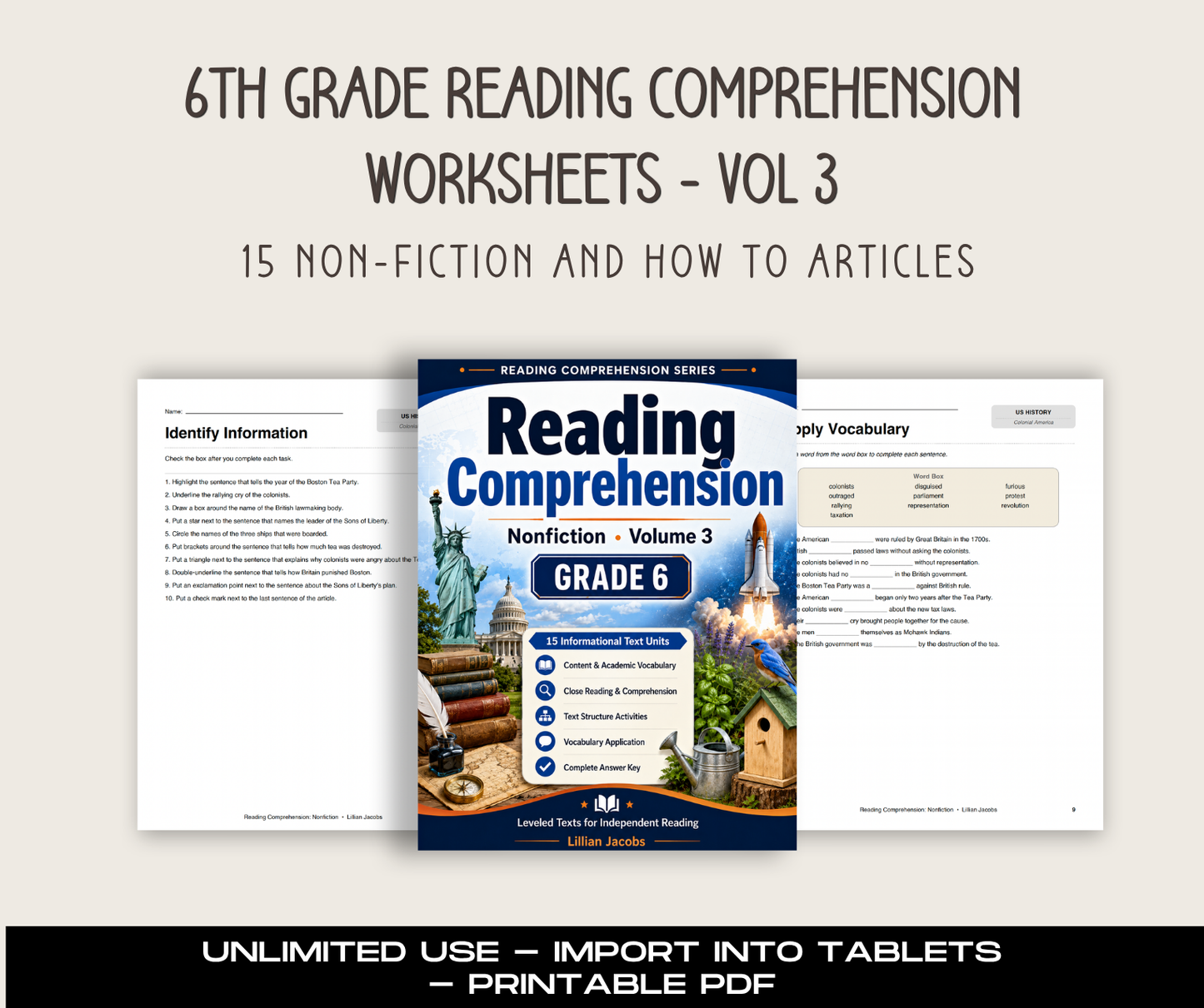Reading Comprehension Worksheets PDF Printable Vol 3, 6th Grade ELA Passages