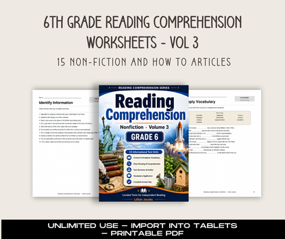 6th Grade Reading Comprehension Worksheets Volume 3 with cover and sample pages on a light gray background