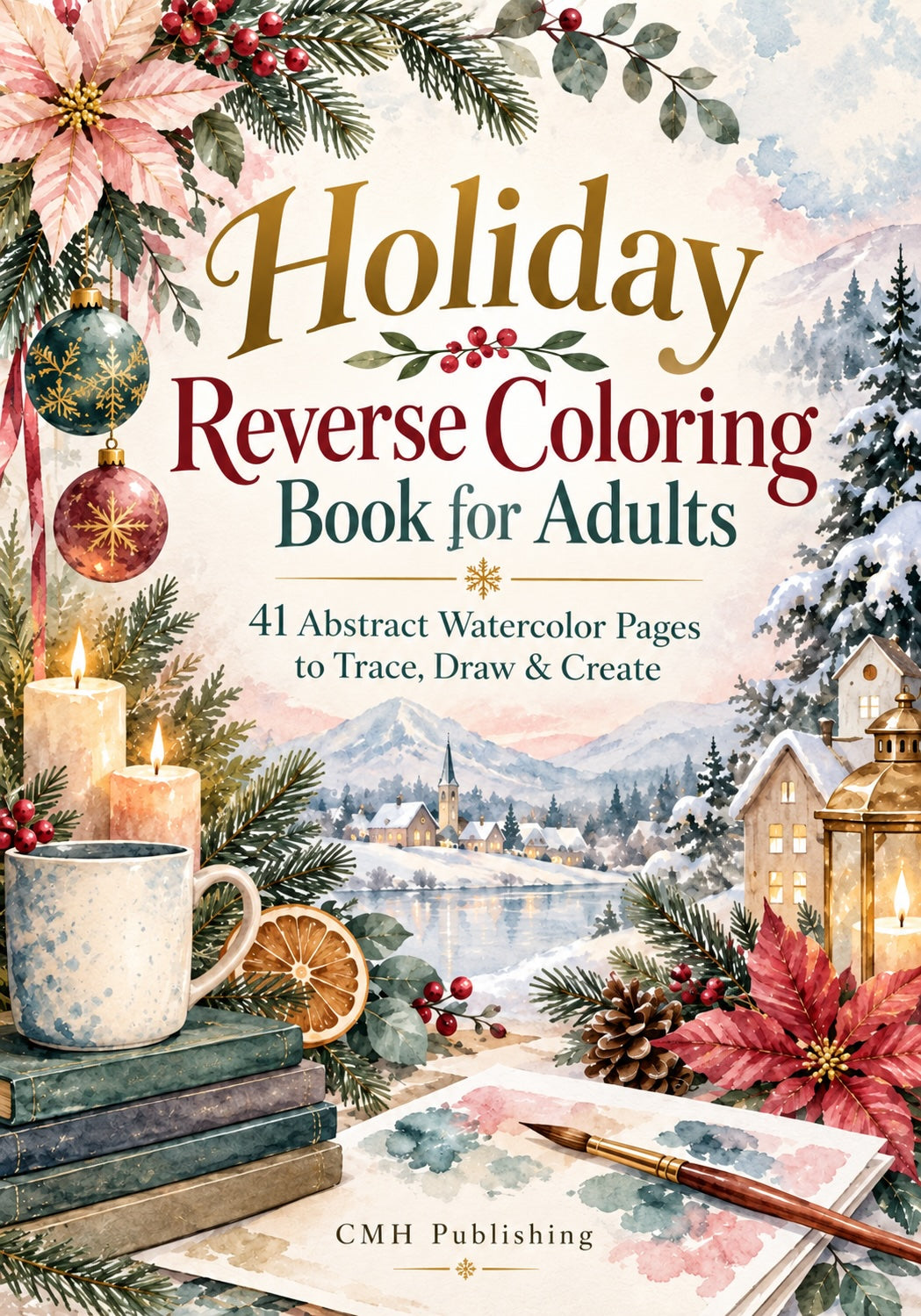 Holiday Reverse Coloring Book for Adults: 41 Abstract Watercolor Pages to Trace, Draw & Create