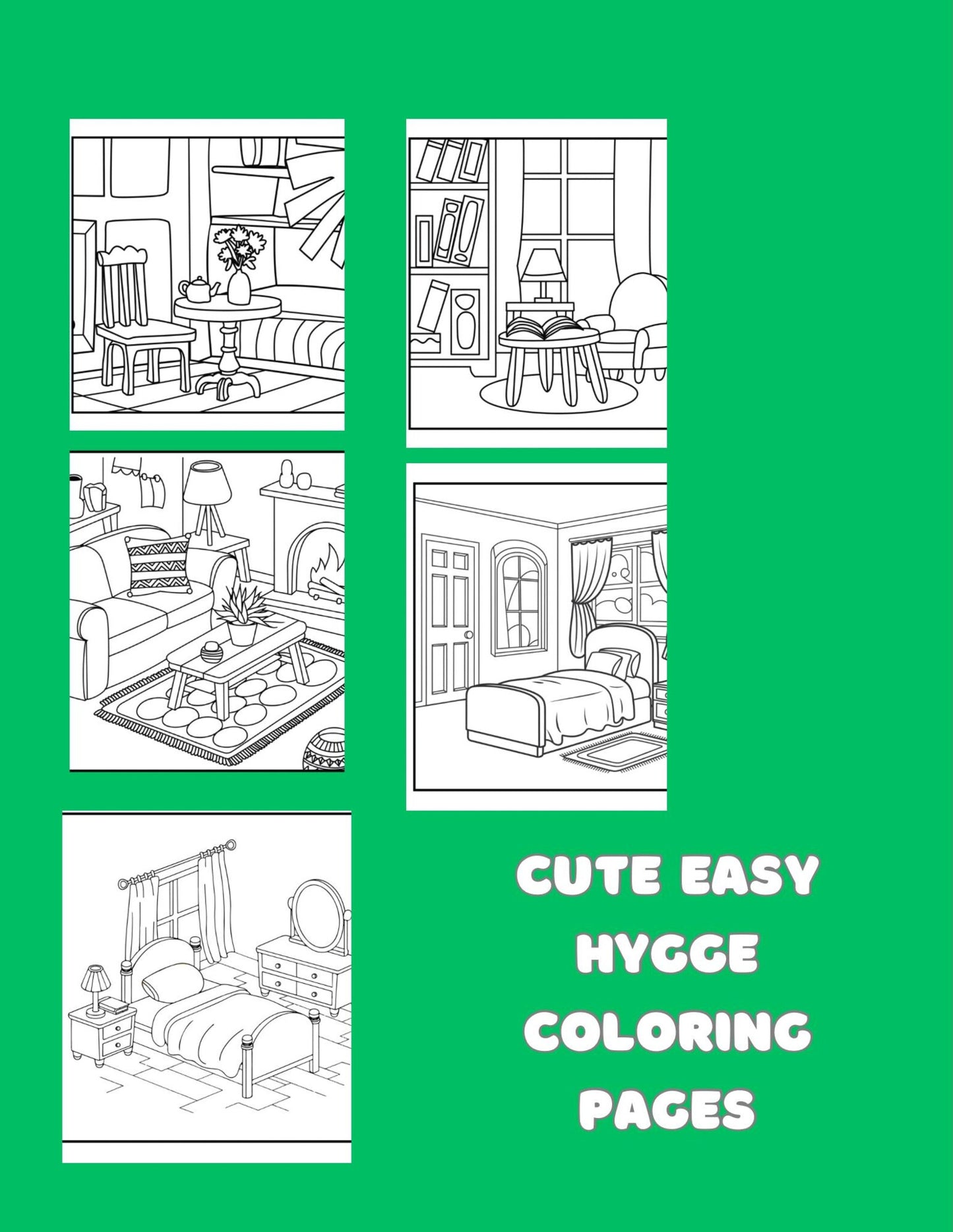 Cute Easy Hygge Coloring Pages, 5 pages Digital