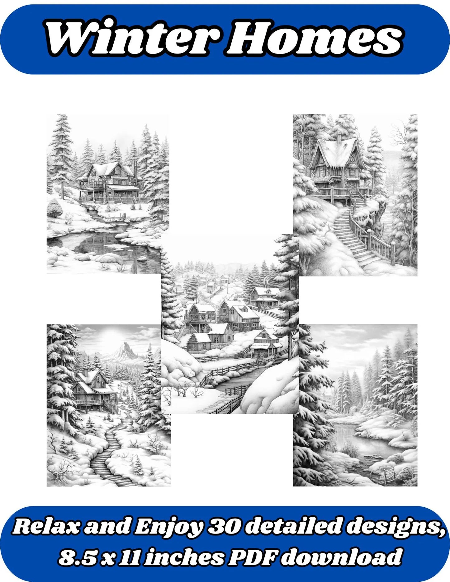 Winter Home Grayscale Coloring Book for Adults | 30 Cozy Beautiful Pages Snowy Trees, Homes, Landscape Coloring Sheet | Instant PDF Download