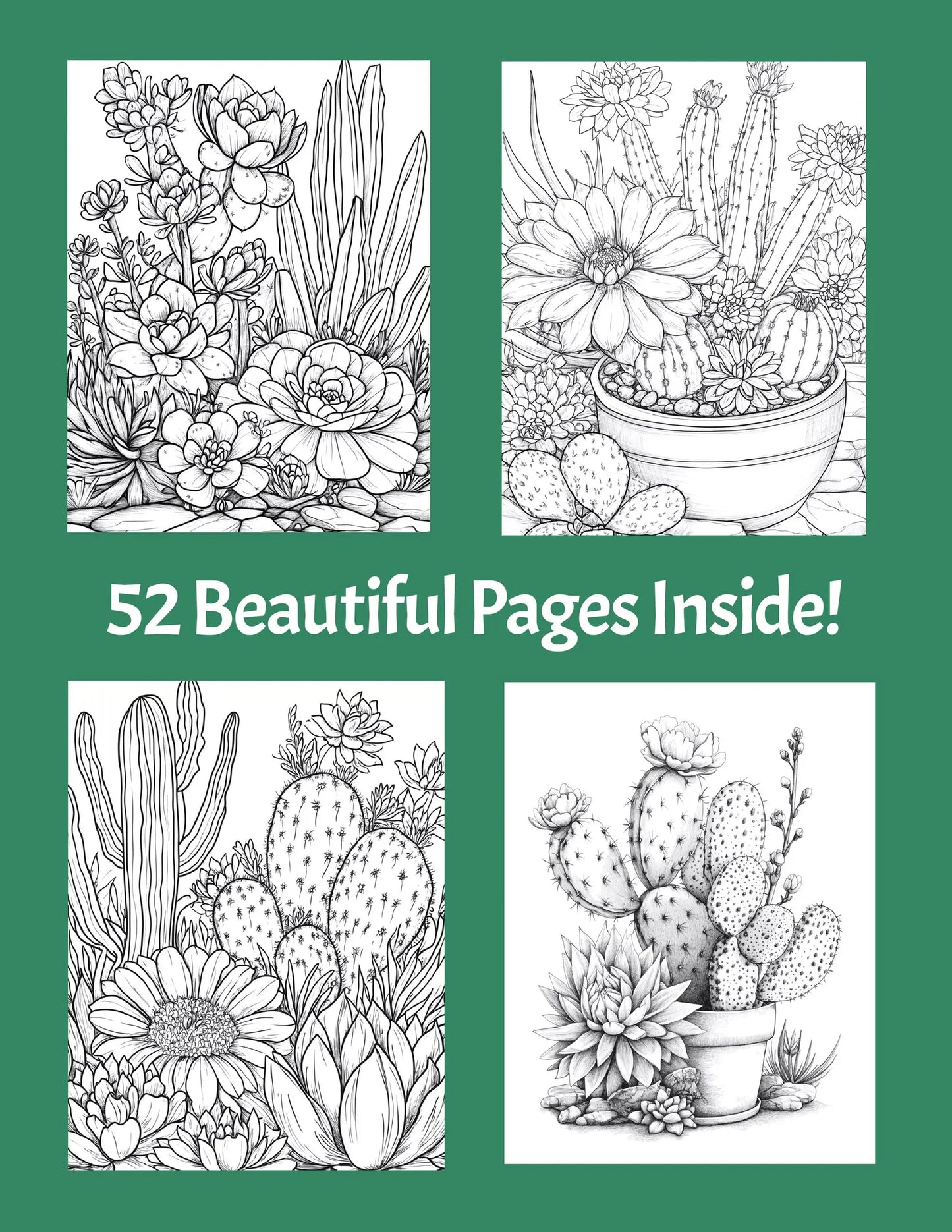 Beautiful Desert Floral Cactus & Succulent Coloring Book, 52 Printable PDF Pages, Botanical Pages, Fantasy Grayscale Book for Adults