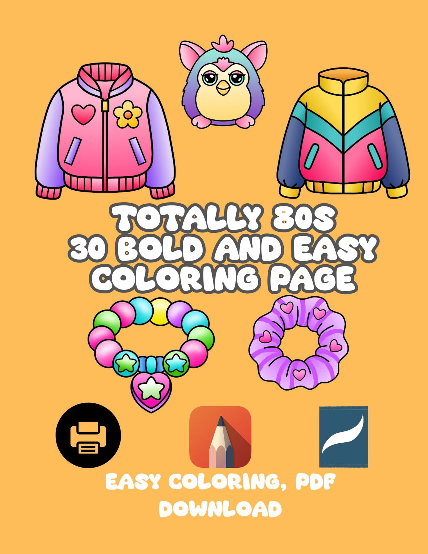 Retro Bold and Easy Digital Coloring Book: 30 Pages for Adults & Teens