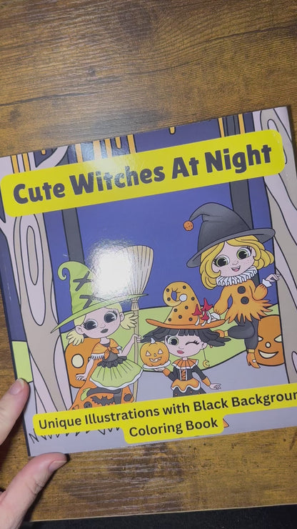 Cute Witches At Night: Unique Illustrations with Black Background Coloring Book