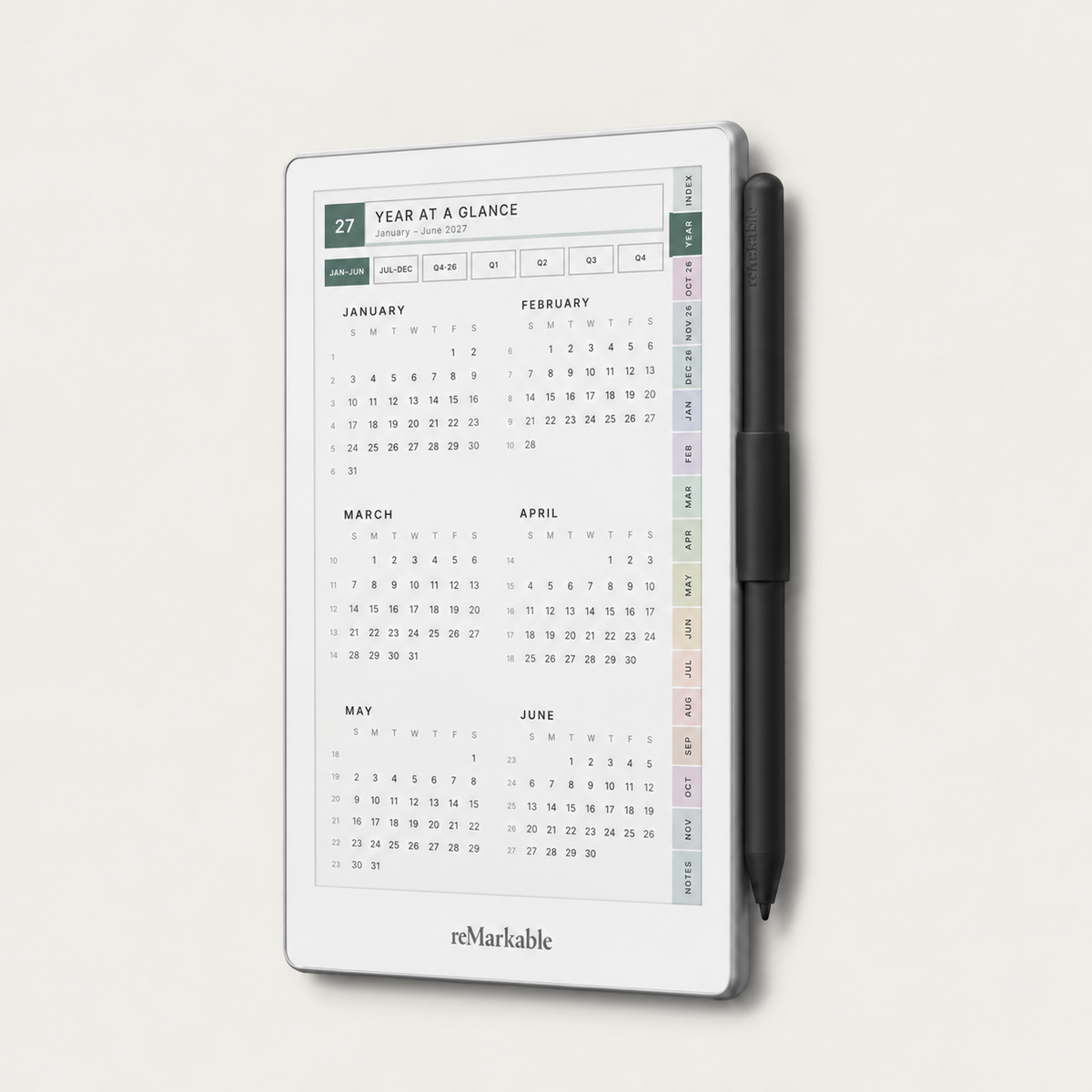 2026–2027 Digital Planner for reMarkable Paper Pro Move | Vertical Weekly & Daily Planner