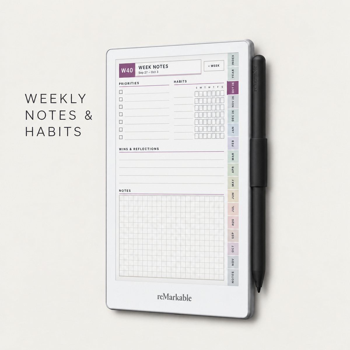 2026–2027 Digital Planner for reMarkable Paper Pro Move | Vertical Weekly & Daily Planner