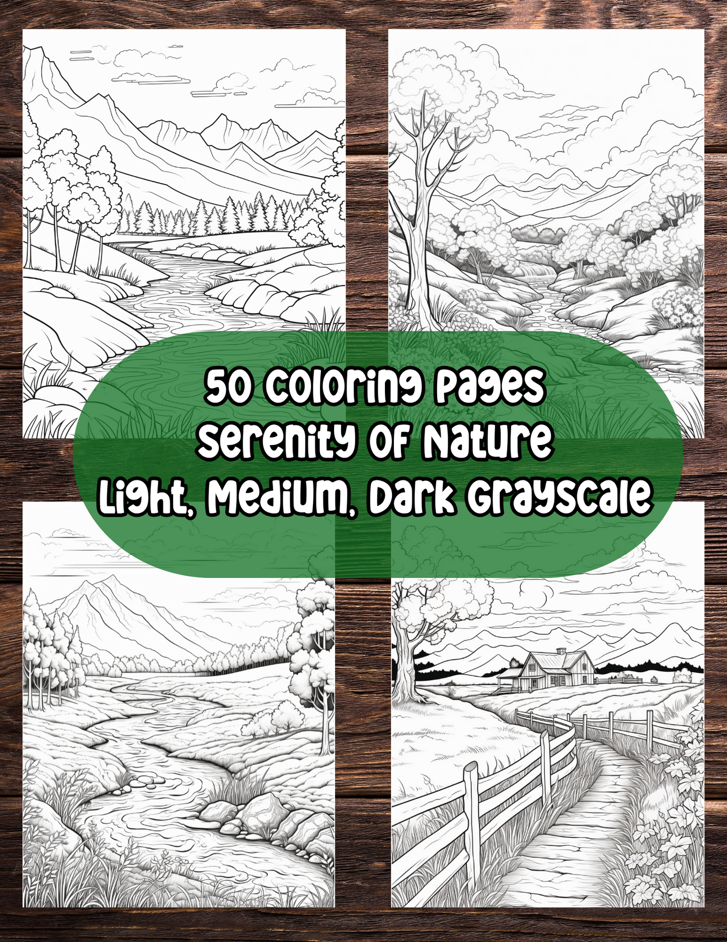 Serenity of Nature Grayscale Coloring Book | 50 Coloring Pages Realistic Nature Rivers, Hills, Views Mountains | Download Printable PDF Filelogo