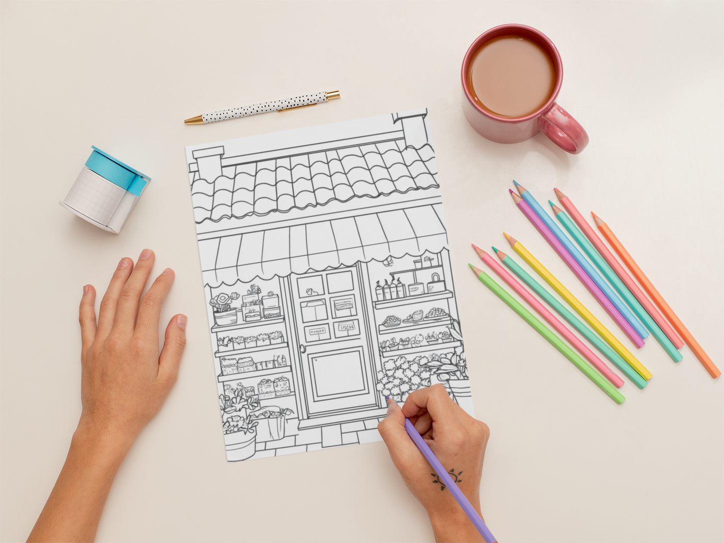 Kawaii Town Storefronts Coloring Book | Set of 30 Detailed Coloring Pages | Instant Download PDF