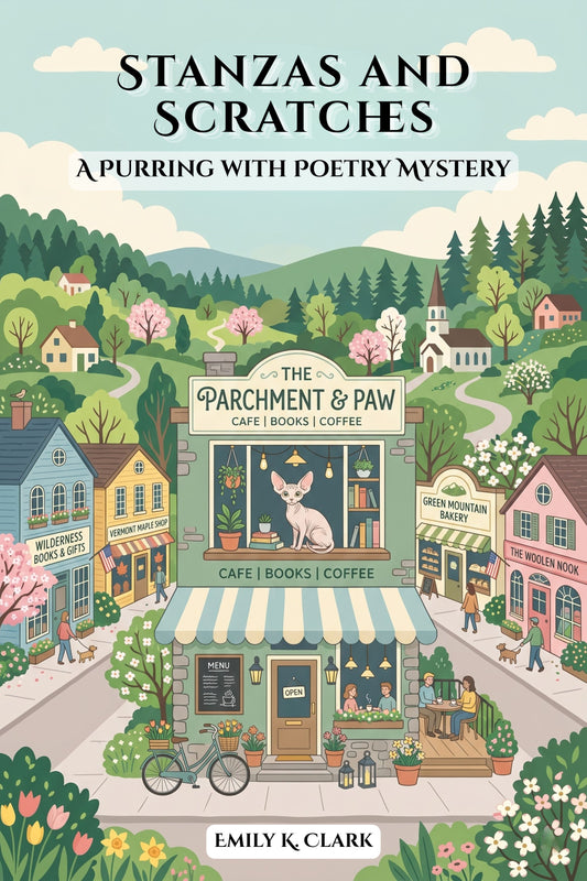 Cover of 'Stanzas and Scratches: A Purring with Poetry Mystery' — cozy mystery novel by Emily K. Clark